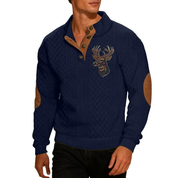Telankuip Mens Casual Cozy Sweatshirts Christmas Reindeer Print Stand Collar 1/4 Button up Pullover Tops Long Sleeve Loose 2025 Fall Winter Business Casual Clothes Navy2 XXXL