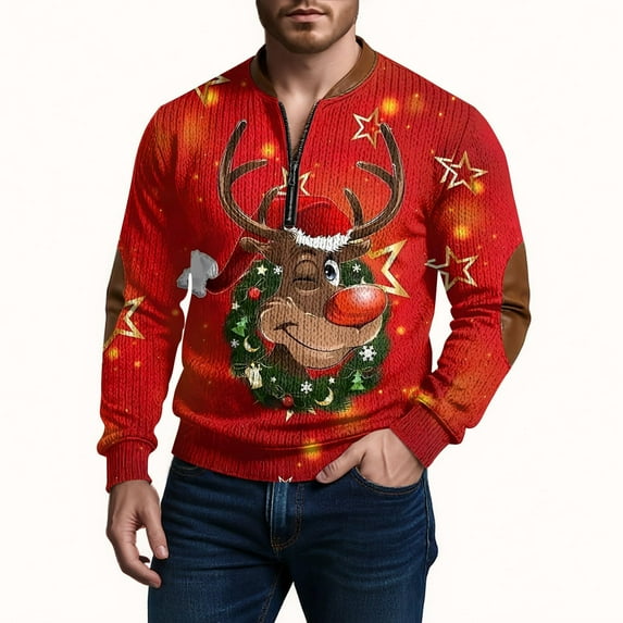 Telankuip Mens Christmas Quarter Zipper Sweatshirts Funny Xmas Graphic Print Pullover Sweatshirt Long Sleeve Loose Casual Stand Collar Comfy Top for Holiday Festive Wear Red3 S