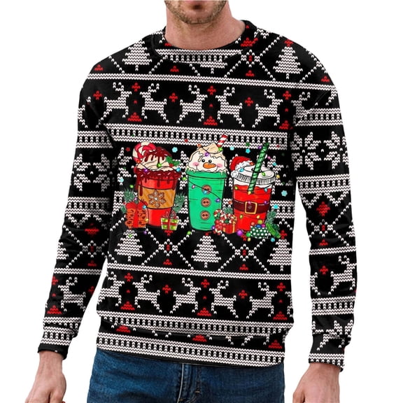Telankuip Mens Christmas Sweatshirts Trendy Funny Xmas Graphic Santa Printed Soft Novelty Crewneck Pullovers Slim Fit Long Sleeve 2025 Retro Casual Comfort Xmas Holiday Tops Black2 M