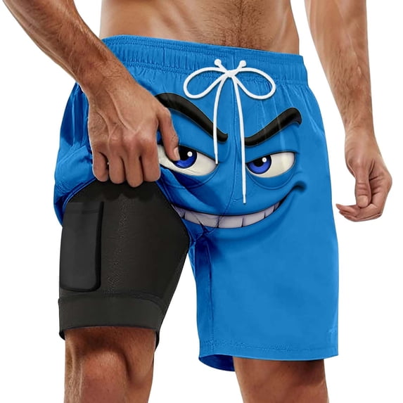 Telankuip Mens Funny Expression Printing Swim Shorts with Compression Liner and Pocket Elastic Waisted Drawstring Double Layer Swim Trunks Summer Lightweight Quick Drying Board Shorts 1-Blue L