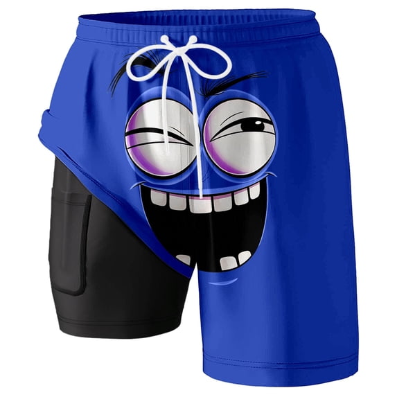 Telankuip Mens Funny Expression Printing Swim Shorts with Compression Liner and Pocket Elastic Waisted Drawstring Double Layer Swim Trunks Summer Lightweight Quick Drying Board Shorts 6-Blue M