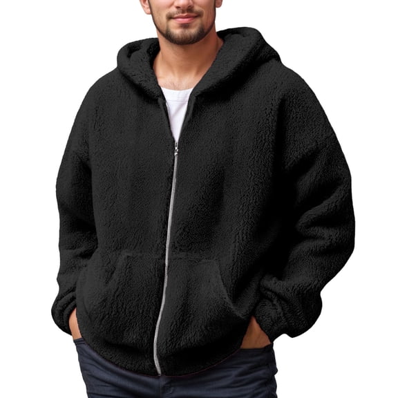 Telankuip Mens Fuzzy Sherpa Hoodies Jacket Long Sleeve Full Zipper Hooded Sweatshirts Oversized Casual Soft Comfortable Solid Warm Winter Outwear 2026 Fashion Outfits Black S