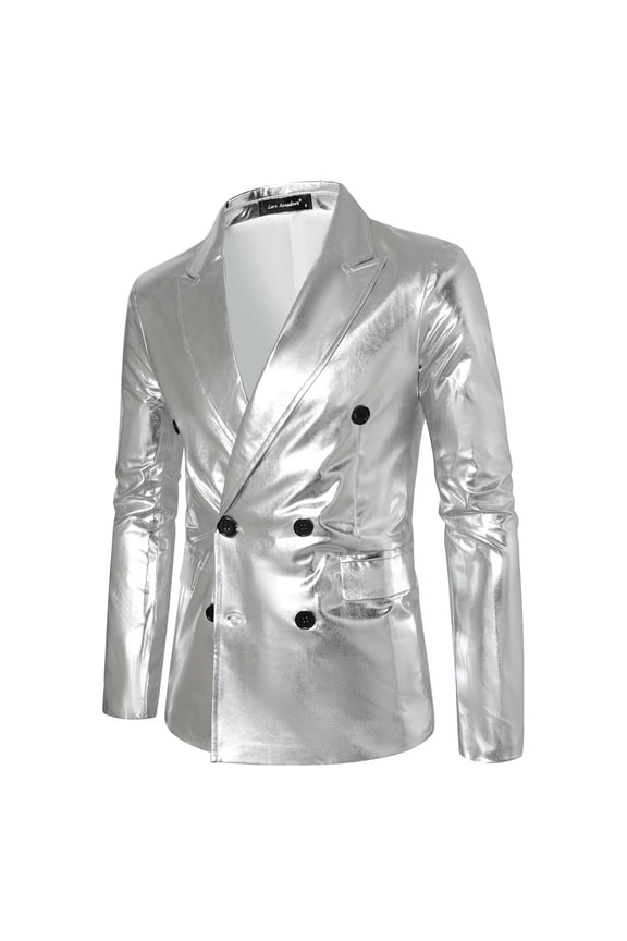 Mens Glossy Suit Jacket Loose Comfortable Singer Stage Performance Double- Blazers Coats Four Seasons Fashionable Carnival Festival Party Outwear Silver XXL
