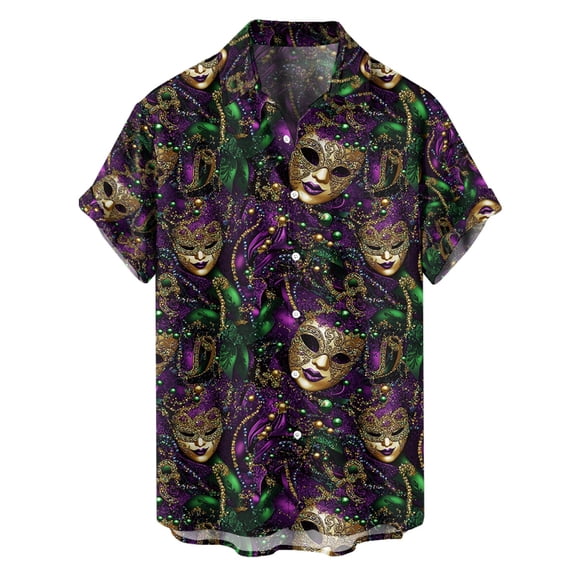 Telankuip Mens Mardi Gras Hawaiian Shirts Short Sleeve Button down Fat Tuesday Rave Party Beach Tops Casual Lightweight Comfy Funny Carnival Printed Bowling Shirt 7-Purple S