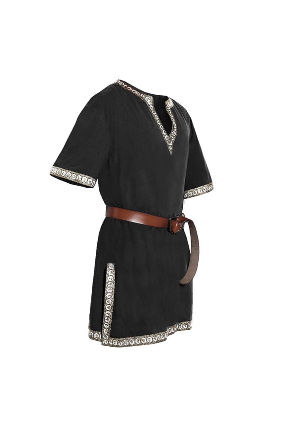 Mens Renaissance Short Sleeve Tunic T-Shirts V-Neck Relaxed Fit Ethnic Style Tops Soft Comfy Fashion Sides Split Long Pullover Tee 2031 Festival Cos Clothes Black M