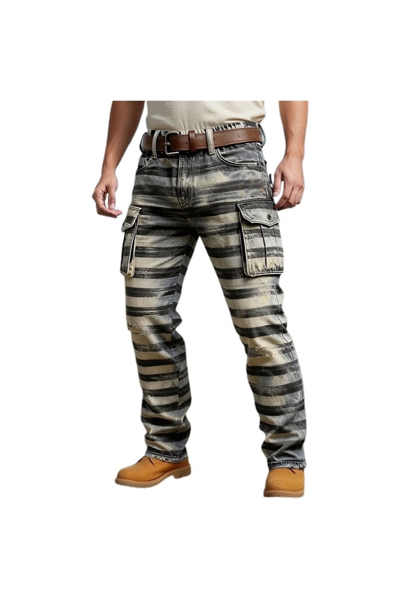 Mens Retro Cargo Pants Fashion Stars/Checks/Stripes/Leopard Prints Pattern Western Cowboy Style Casual Work Trousers Elastic Waist Straight Leg Pant with Pockets 6-Khaki S