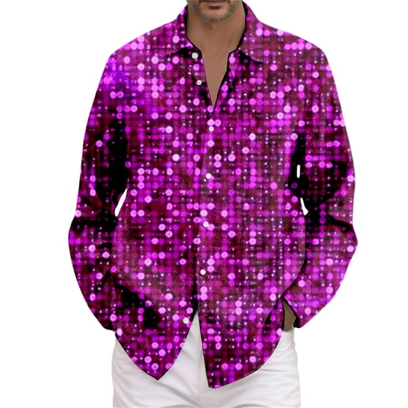 Telankuip Mens Sparkling Sequins Print Dress Shirt Mardi Gras Long Sleeve Button down Plus Size Casual Top Shirt Disco Party Nightclub Carnival Holiday Prom Fashion Outfits 8-Purple XL