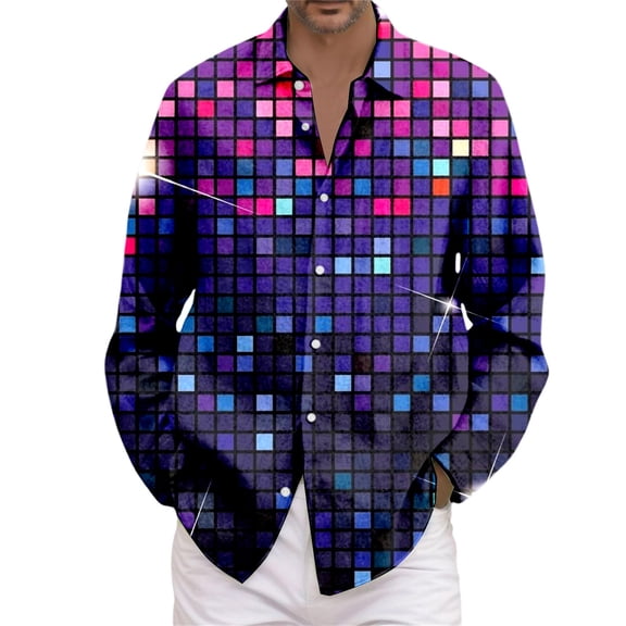 Telankuip Mens Sparkling Sequins Print Dress Shirt Mardi Gras Long Sleeve Button down Plus Size Casual Top Shirt Luxury Disco Party Nightclub Carnival Holiday Prom Fashion Outfits 4-Purple L