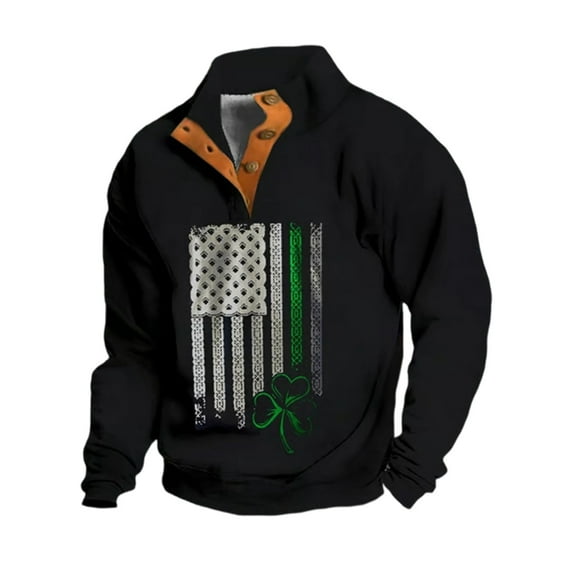 Telankuip Mens St Patricks Day Sweatshirts Oversized Retro Shamrock Flag Print Quater Button Stand Collar Pullover Tops Fashion Funny Graphic Casual Long Sleeve Winter Clothes 10-Black M