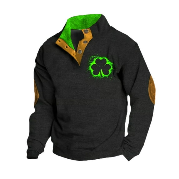 Telankuip Mens St Patricks Day Sweatshirts Oversized Retro Shamrock Flag Print Quater Button Stand Collar Pullover Tops Fashion Funny Graphic Casual Long Sleeve Winter Clothes 1-Green L