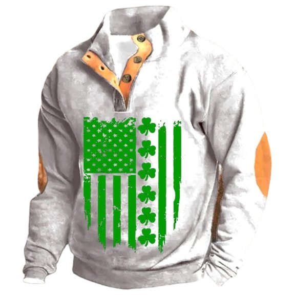 Telankuip Mens St Patricks Day Sweatshirts Quarter Button Stand Collar Long Sleeve Pullover Tops Oversized Retro Shamrock Flag Print Winter Comfy Going out Holiday Sweatshirt 3-White XL