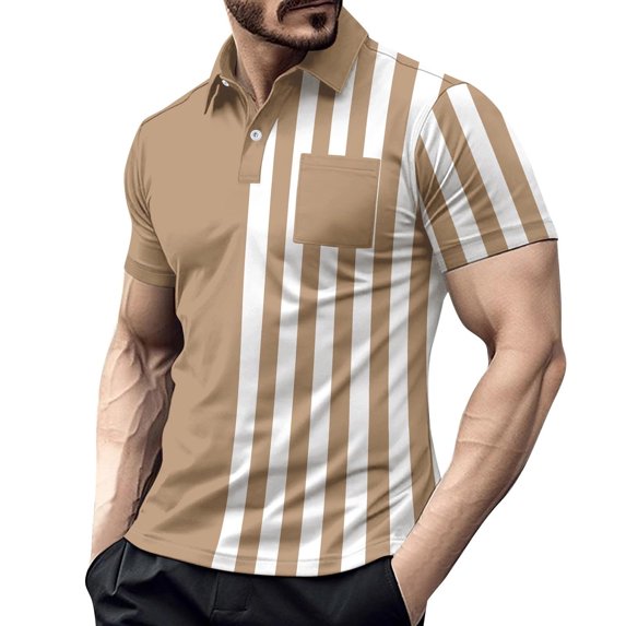 Telankuip Mens Striped Color Blocking Polo Shirts Summer Lightweight Quick-Dry Short Sleeve Casual Collared T Shirts with Pocket Stretch Slim Fitted Quarter Button Sports Tee 1-Coffee M