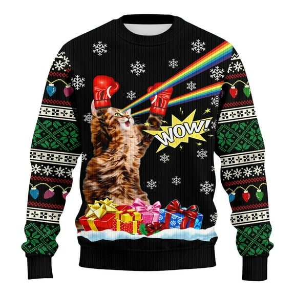 Telankuip Mens Christmas Sweatshirts Funny Animal Letter 3D Graphic Long Sleeve Pullovers Oversized Winter Soft Comfort Long Sleeve X-Mas Holiday Tops Black L