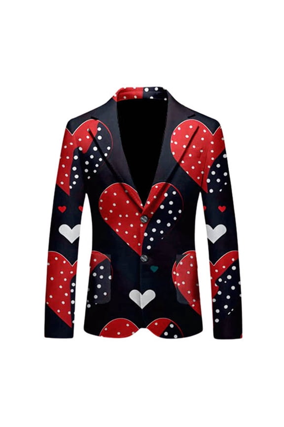 Mens Valentine's Day Suit Blazer Trendy Star, Heart, And Letter Prints Double Buttons Lapel Slim Fit Jacket Lightweight Comfy Confession-Ready Outerwear with Pockets 2-Black XL