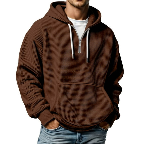 Telankuip Mens Waffle Quarter Zipper Hoodies Soft Cozy Solid Color Loose Hooded Sweatshirts Long Sleeve Drop Shoulder Oversized Drawstring Pullover Tops with Pockets Brown XL