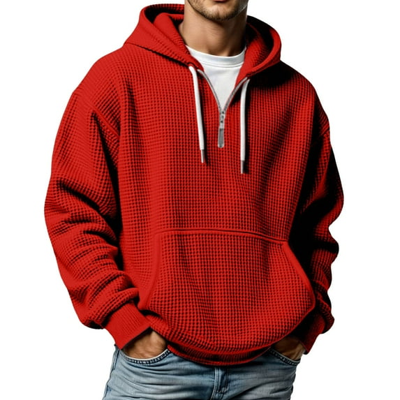 Telankuip Mens Waffle Quarter Zipper Hoodies Soft Cozy Solid Color Loose Hooded Sweatshirts Long Sleeve Drop Shoulder Oversized Drawstring Pullover Tops with Pockets Red S