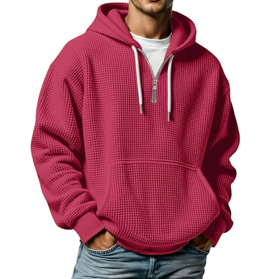 Telankuip Mens Waffle Quarter Zipper Hoodies Soft Cozy Solid Color Loose Hooded Sweatshirts Long Sleeve Drop Shoulder Oversized Drawstring Pullover Tops with Pockets Hot Pink XL