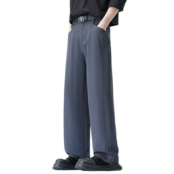 Telankuip Mens Wide Leg Suit Pants Loose Fit Lightweight Comfortable Business Casual Trousers with Elastic Waistband Solid Color Straight Stylish Simple Work Outfits Dark Gray XL