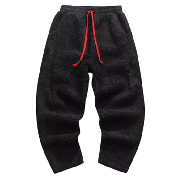 Telankuip Mens Winter Thicken Pants Oversized Warm Retro Solid Color Thick Lamb Wool Pant Trendy Streetwear Hip Hop Loose Soft Comfortable Straight Les Trousers Black M