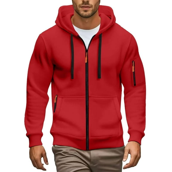 Telankuip Mens Zip up Hoodies Lightweight Soft Casual Long Sleeve Full Zipper Jackets with Zip Pockets Fall Winter Sports Solid Color Hooded Sweatshirts Red XL