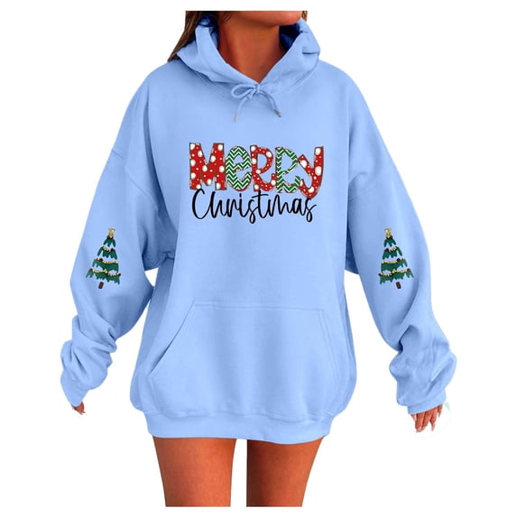 Telankuip Merry Christmas Hoodie for Women Cute Christmas Tree Drop Shoulder Hooded Sweatshirts Funny Xmas Holiday Party Loose Long Sleeve Drawstring Pullover Tops Light Blue M