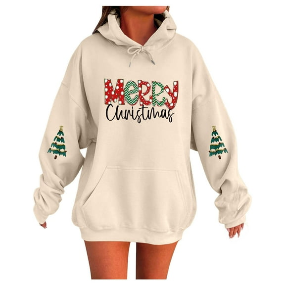 Telankuip Merry Christmas Hoodie for Women Cute Christmas Tree Drop Shoulder Hooded Sweatshirts Funny Xmas Holiday Party Loose Long Sleeve Drawstring Pullover Tops Beige XL
