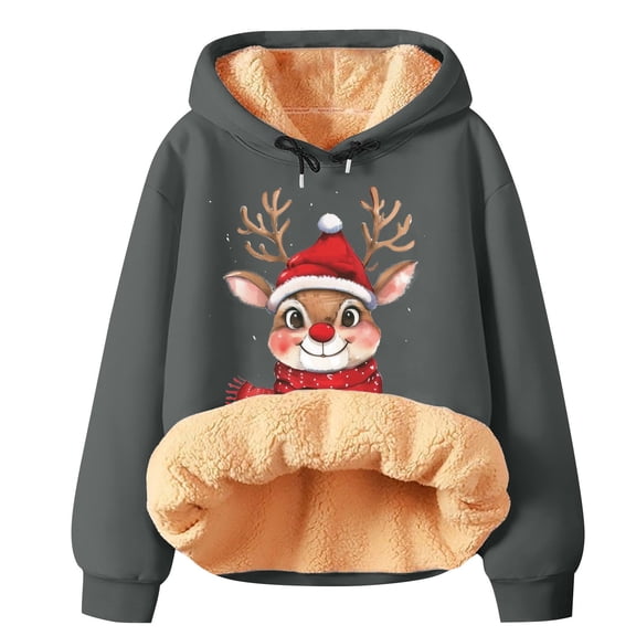 Telankuip Merry Christmas Sweatshirts for Women Sherpa Lined Warm Long Sleeve Comfy Loose Hoodies Oversized Cute X-Mas Printed Casual Thick Drawstring Pullovers Grey M