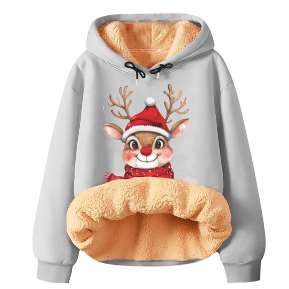 Telankuip Merry Christmas Sweatshirts for Women Sherpa Lined Warm Long Sleeve Comfy Loose Hoodies Oversized Cute X-Mas Printed Casual Thick Drawstring Pullovers Light Gray M