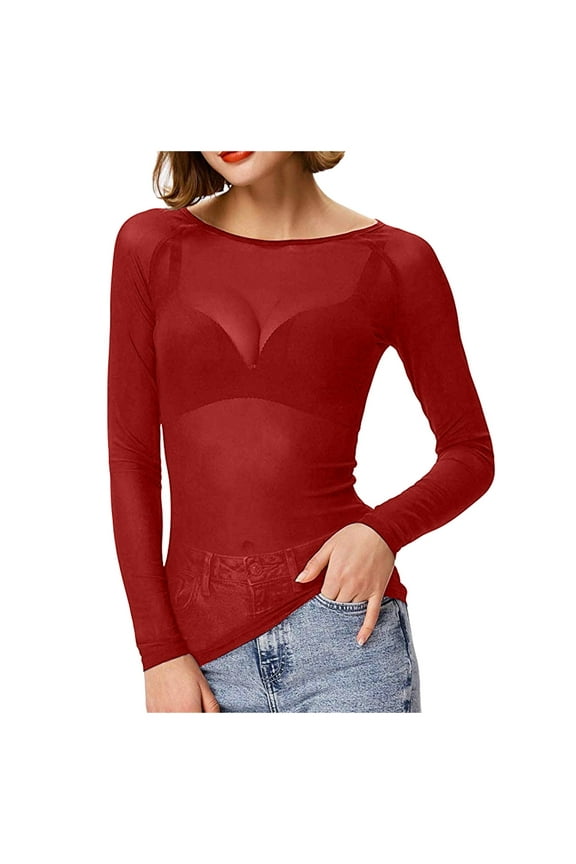 Mesh Tight Tops for Women Long Sleeve Crew Neck Slim Fitted Bodycon T Shirts Clubwear Sheer Pure Casual Comfortable Tight Thin Pullover Tee Shirts Red M