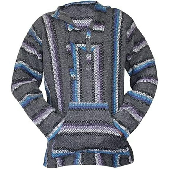 Telankuip Mexican Baja Hoodies for Men Stripes Design Tribal Style Long Sleeve Hooded Sweatshirts Fashion Loose Fit Warm Comfortable Surf Poncho Pullover Tops with Pockets Silver XL