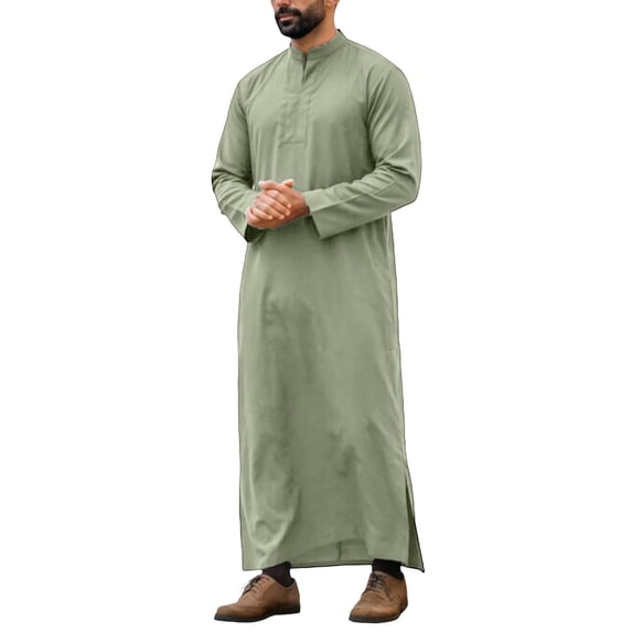 Telankuip Muslim Long Sleeve Stand Collar Traditional Arab Robe for Men Solid Color Long Sleeve Ankle Length Shirts Loose Fit Prayer Garment with Side Slits Army Green L