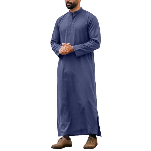 Telankuip Muslim Long Sleeve Stand Collar Traditional Arab Robe for Men Solid Color Long Sleeve Ankle Length Shirts Loose Fit Prayer Garment with Side Slits Dark Blue XXL