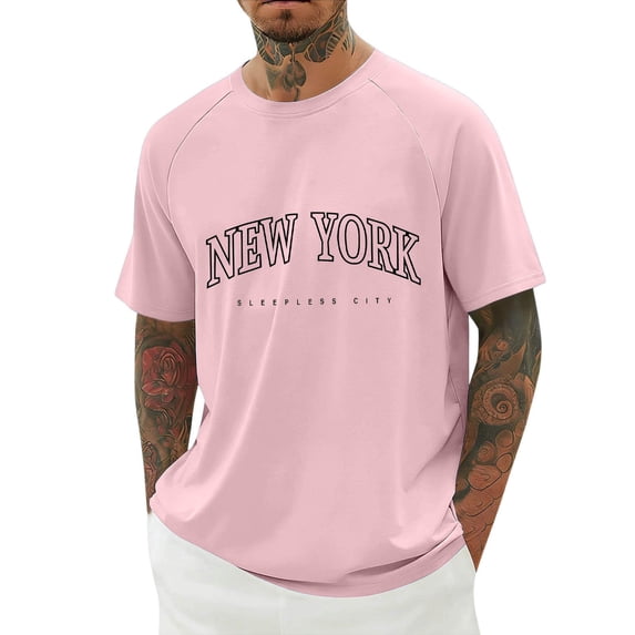 Telankuip New York Letter Printed Short Sleeve T Shirts Mens Shoulder Insert Design Summer Short Sleeve Tee Tops Simple and Stylish Workout Leisure Beach Vacation Outfit Pink XXXXL