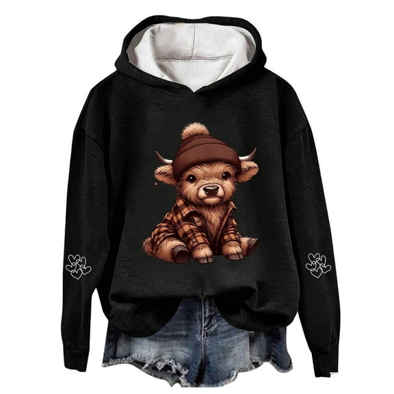 Telankuip Oversized Highland Cow Print Sweatshirts for Women 2025 Christmas Long Sleeve Comfort Pullovers Hoodies Fall Fashion Loose Hooded Tops Winter Workout Hoodies Black L
