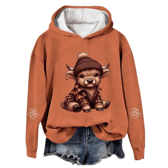 Telankuip Oversized Highland Cow Print Sweatshirts for Women 2025 Christmas Long Sleeve Comfort Pullovers Hoodies Fall Fashion Loose Hooded Tops Winter Workout Hoodies Orange XXL