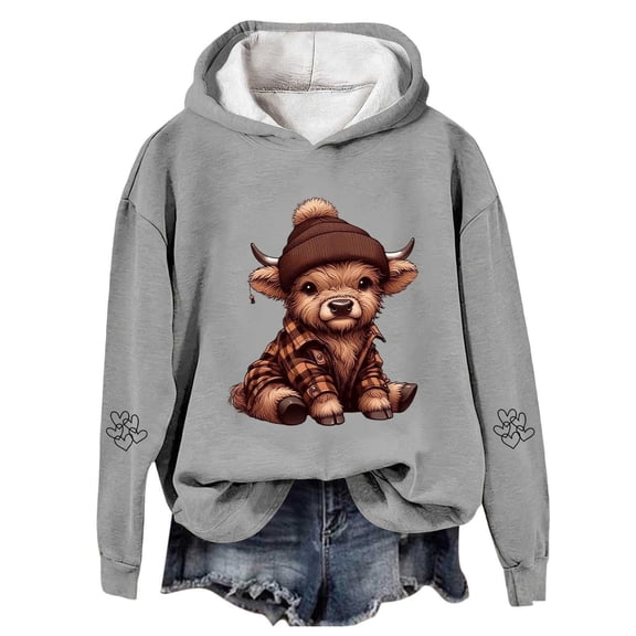 Telankuip Oversized Highland Cow Print Sweatshirts for Women 2025 Christmas Long Sleeve Comfort Pullovers Hoodies Fall Fashion Loose Hooded Tops Winter Workout Hoodies Grey XL