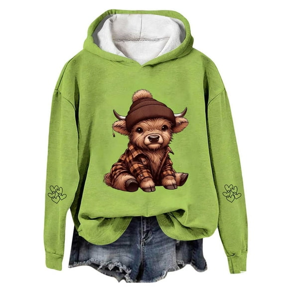 Telankuip Oversized Highland Cow Print Sweatshirts for Women 2025 Christmas Long Sleeve Comfort Pullovers Hoodies Fall Fashion Loose Hooded Tops Winter Workout Hoodies Light Green XL