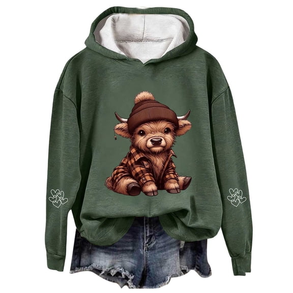 Telankuip Oversized Highland Cow Print Sweatshirts for Women 2025 Christmas Long Sleeve Comfort Pullovers Hoodies Fall Fashion Loose Hooded Tops Winter Workout Hoodies Green L