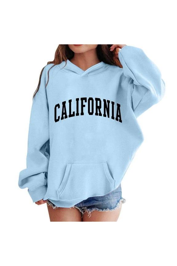 Oversized Hoodies for Girls Trendy California Letter Printed Pullover Hooded Sweatshirts Long Sleeve Casual Loose Drawstring Pullover Tops Kid's Workout Preppy Style Sky Blue 5-6 Years
