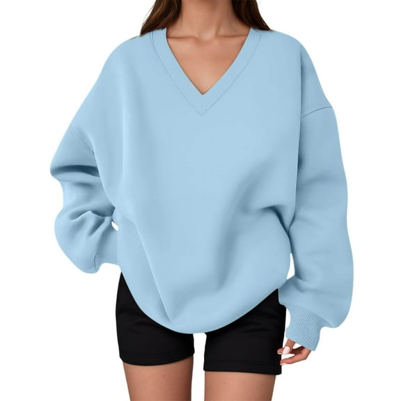 Telankuip Oversized Sweatshirts for Women V-Neck Drop Shoulder Solid Color Fall Winter Tops Trendy Loose Sports Fitness Running Hoodless Pullover Sweatshirt 2025 Sky Blue XL