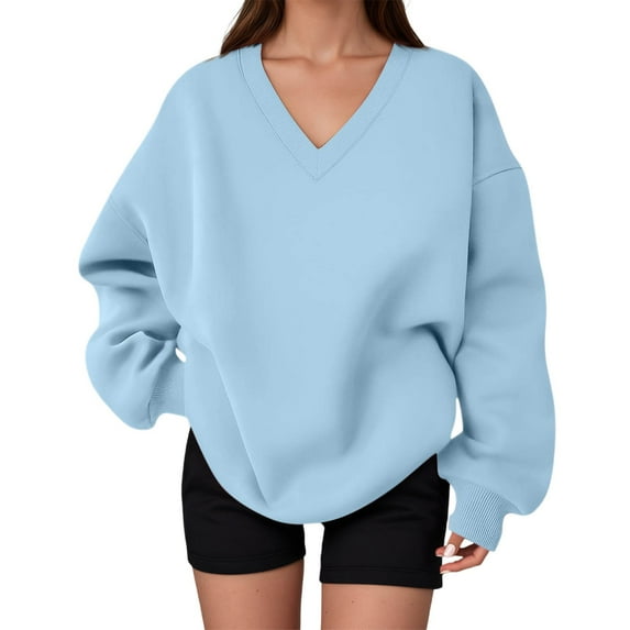 Telankuip Oversized Sweatshirts for Women V-Neck Drop Shoulder Solid Color Fall Winter Tops Trendy Loose Sports Fitness Running Hoodless Pullover Sweatshirt 2025 Sky Blue XL