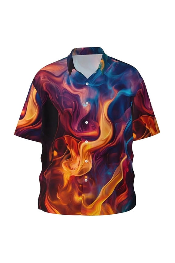 Plus Size Stylish Short Sleeve Shirts for Men Fashion Flame Print Lightweight Breathable Tops Soft Comfort Button down Loose Holiday Vacation Beach Shirts Orange XXXXXL