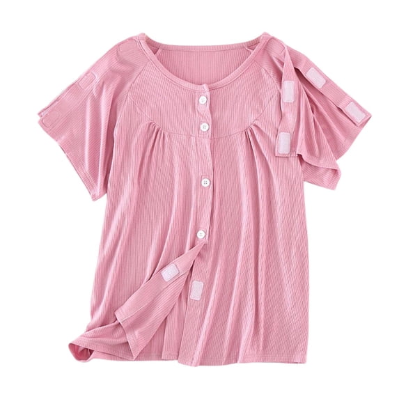 Telankuip Post Shoulder Surgery Shirts for Women Recovery Tear Away Short Sleeve Button down Basic Tops Solid Color Ribbed Lightweight Breathable T-Shirt with the Touch Fastener