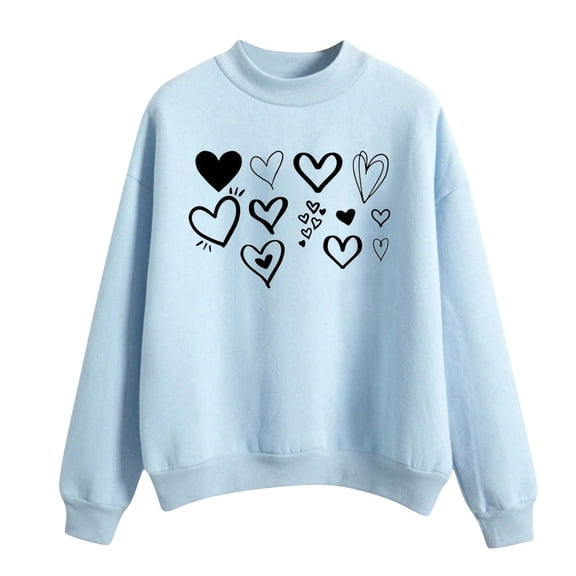 Telankuip Preppy Heart Sweatshirts for Women Oversized Heart Graphic Neck Pullover Tops Fall Winter Drop Shoulder Long Sleeve Cute Valentine's Day Hoodless Outfits Light Blue S