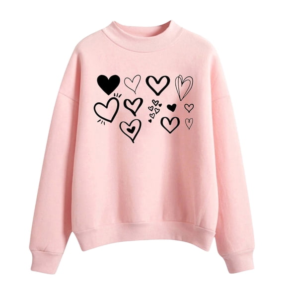 Telankuip Preppy Heart Sweatshirts for Women Oversized Heart Graphic Neck Pullover Tops Fall Winter Drop Shoulder Long Sleeve Cute Valentine's Day Hoodless Outfits Pink S