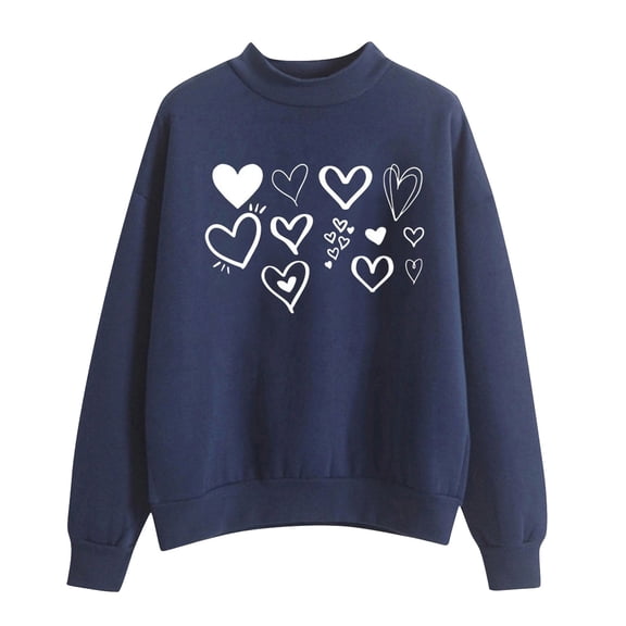 Telankuip Preppy Heart Sweatshirts for Women Oversized Heart Graphic Neck Pullover Tops Fall Winter Drop Shoulder Long Sleeve Cute Valentine's Day Hoodless Outfits Dark Blue S