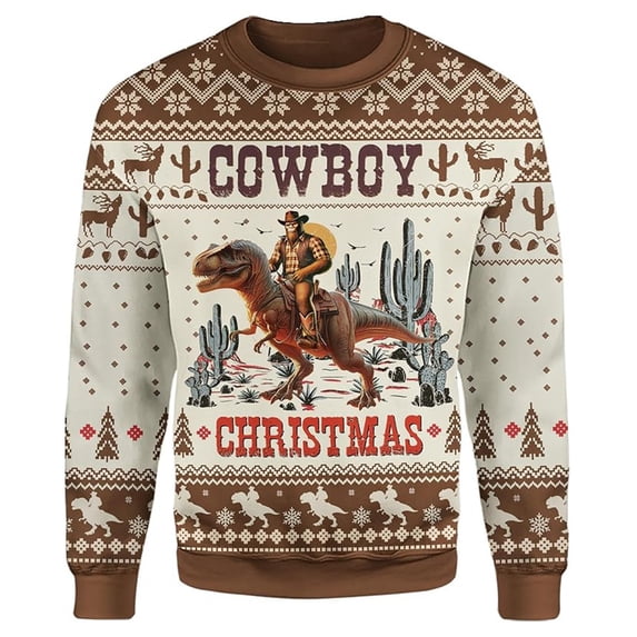 Telankuip All over Printed Christmas Cowboy Sweatshirts Oversized Crewneck Pullover Tops Trendy Classic Winter Long Sleeve Xmas Holiday Tops Gift for Men Khaki XXXL