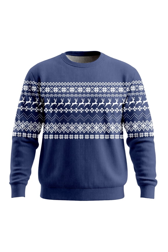 Retro Christmas Crewneck Sweatshirts for Men Fair Isle Ribbing Plus Size Funny Snowflake Reindeer Print Casual Pullovers Winter Long Sleeve Tops Navy M