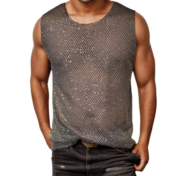 Telankuip Rhinestones Sparkly Knitted Tank Tops for Men Shiny Mesh See-Through Sleeveless Tee Shirt 2026 Summer Rave Sheer Muscle Fit Club Party Vest 0-Black M