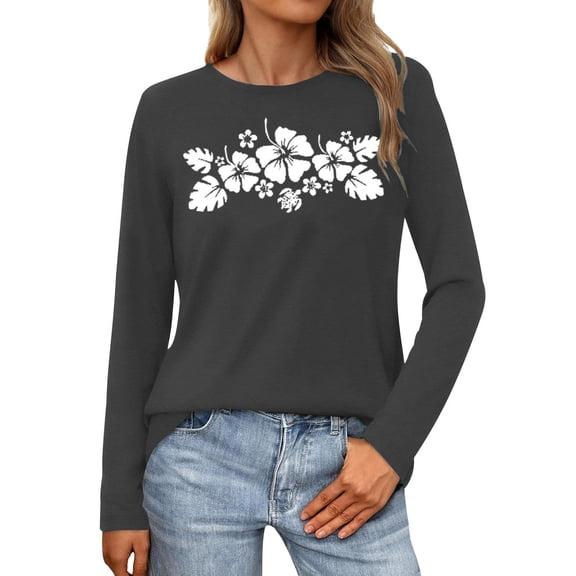 Telankuip Soft Comfortable T-Shirts for Womens Fashion Floral Printed Preppy Oversized Cute Graphic Crewneck Pullover Tops Long Sleeve Lightweight Thin Basic Casual Y2k Tees Grey M